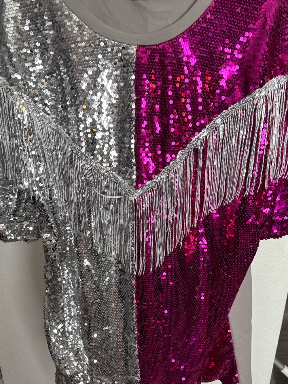 Grace and Emma Silver and Pink Sequin Fringe Colorblock T-shirt Dress size XL